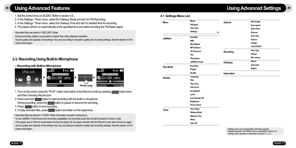 Using advanced features, Using advanced settings, Recording using built-in microphone | JetAudio iAudio T2 User Manual | Page 15 / 27