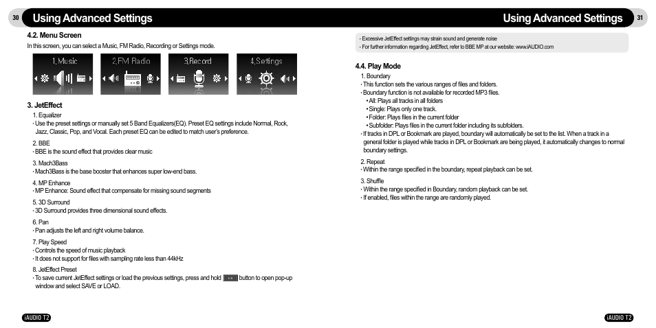 Using advanced settings | JetAudio iAudio T2 User Manual | Page 16 / 27