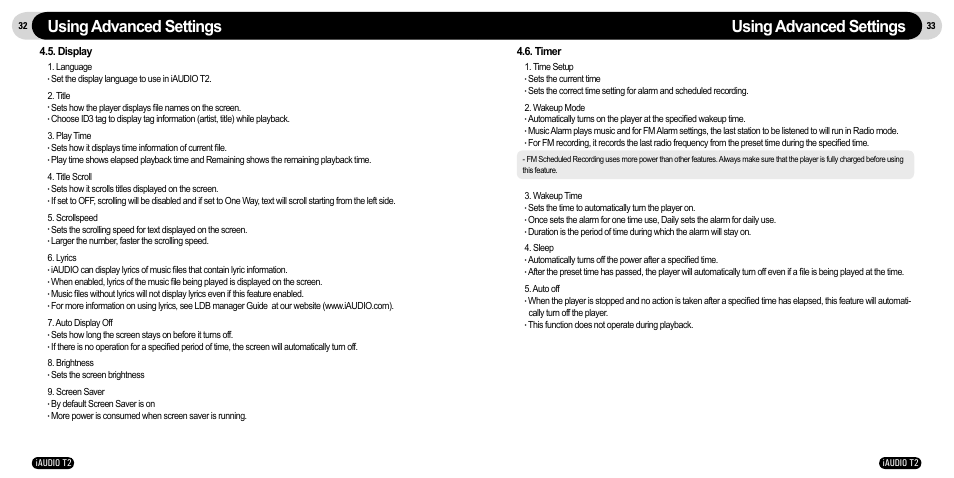 Using advanced settings, Display, Timer | JetAudio iAudio T2 User Manual | Page 17 / 27