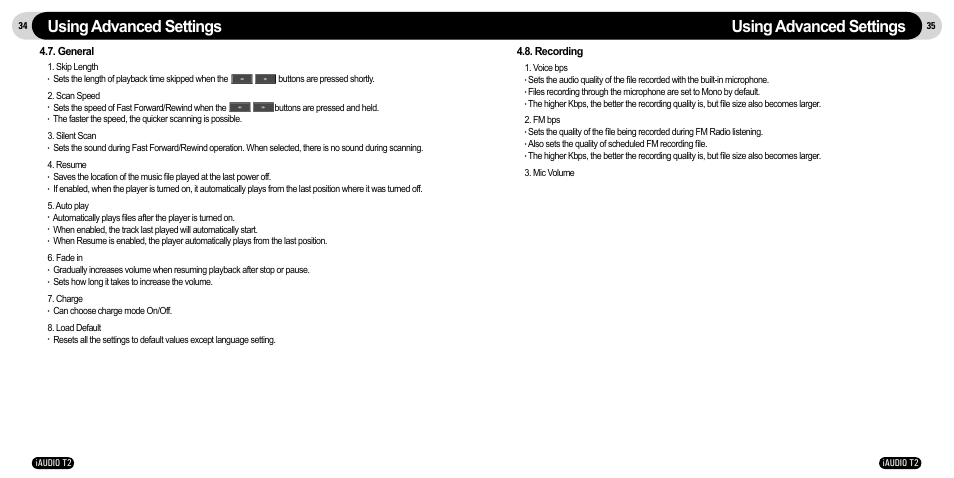 Using advanced settings, General, Recording | JetAudio iAudio T2 User Manual | Page 18 / 27