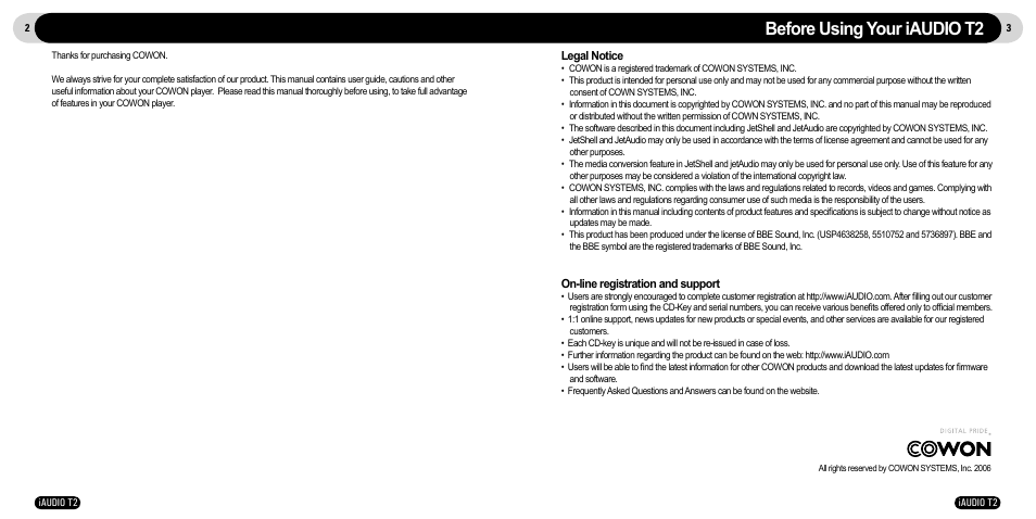 Before using your iaudio t2 | JetAudio iAudio T2 User Manual | Page 2 / 27