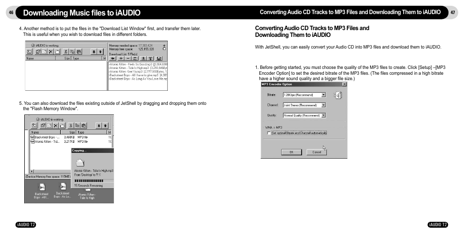 Downloading music ﬁles to iaudio | JetAudio iAudio T2 User Manual | Page 24 / 27