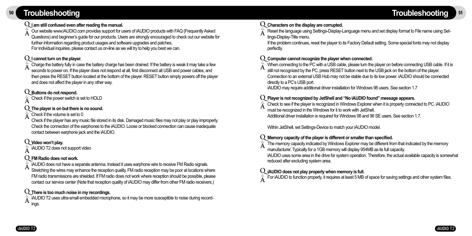 Troubleshooting | JetAudio iAudio T2 User Manual | Page 26 / 27