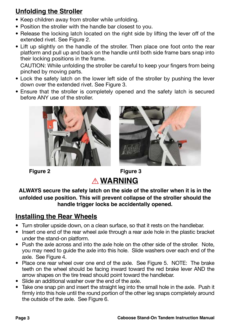 Warning, Unfolding the stroller, Installing the rear wheels | Joovy 40X Series User Manual | Page 4 / 20