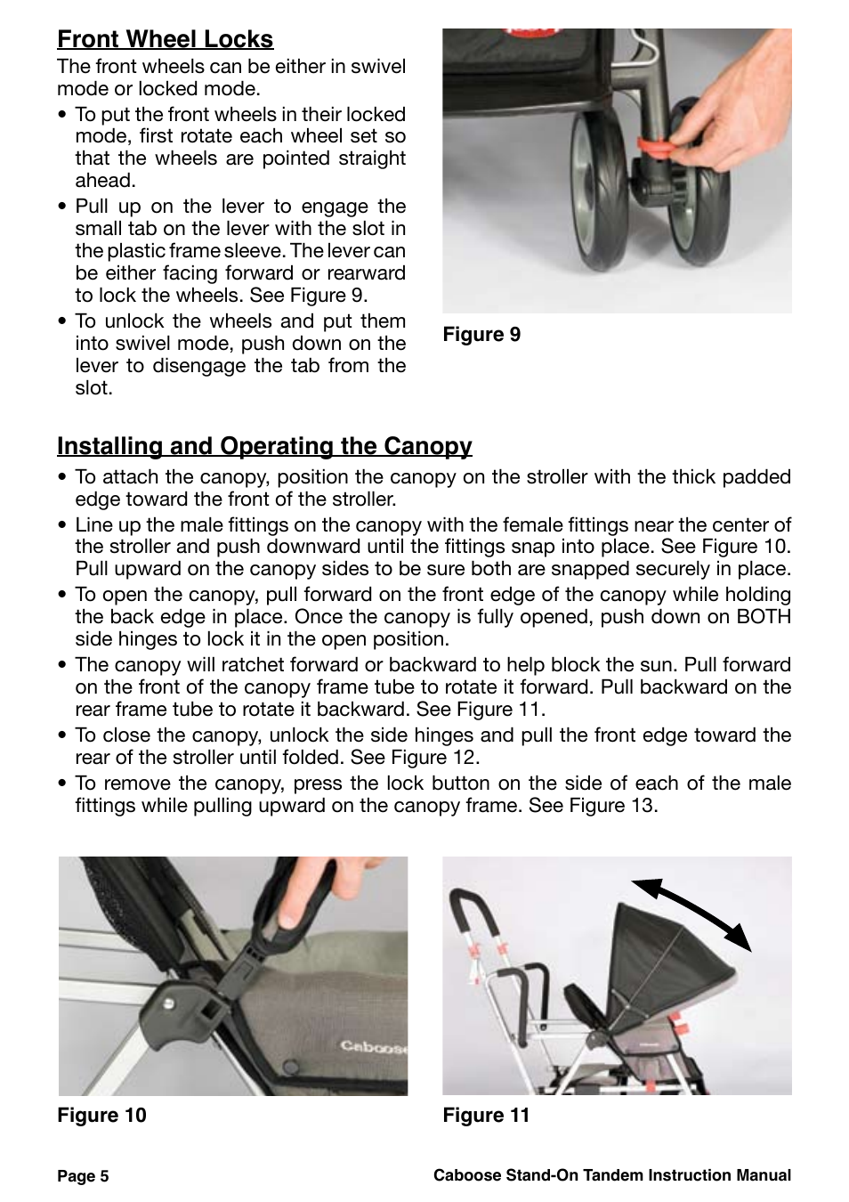 Front wheel locks, Installing and operating the canopy | Joovy 40X Series User Manual | Page 6 / 20