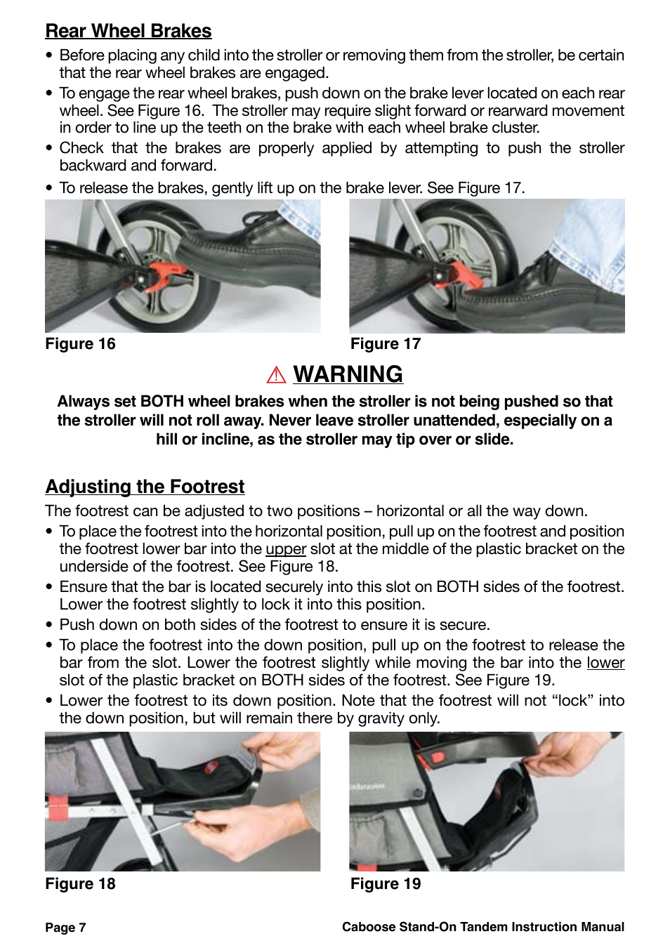 Warning, Rear wheel brakes, Adjusting the footrest | Joovy 40X Series User Manual | Page 8 / 20