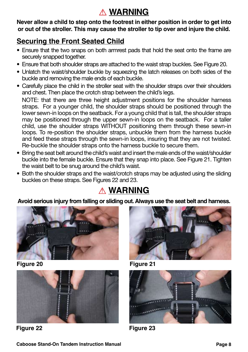 Warning, Securing the front seated child | Joovy 40X Series User Manual | Page 9 / 20