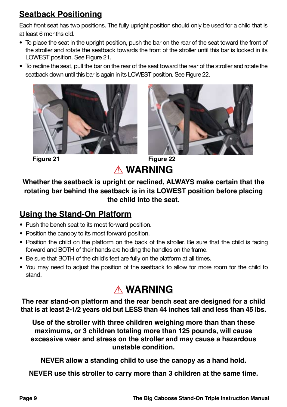 Warning, Using the stand-on platform, Seatback positioning | Joovy 43X Series User Manual | Page 10 / 20