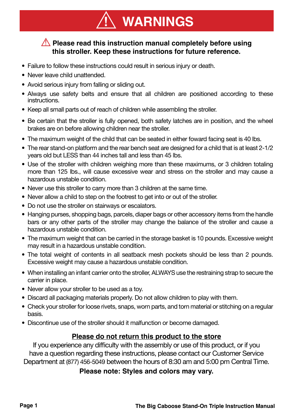 Warnings | Joovy 43X Series User Manual | Page 2 / 20