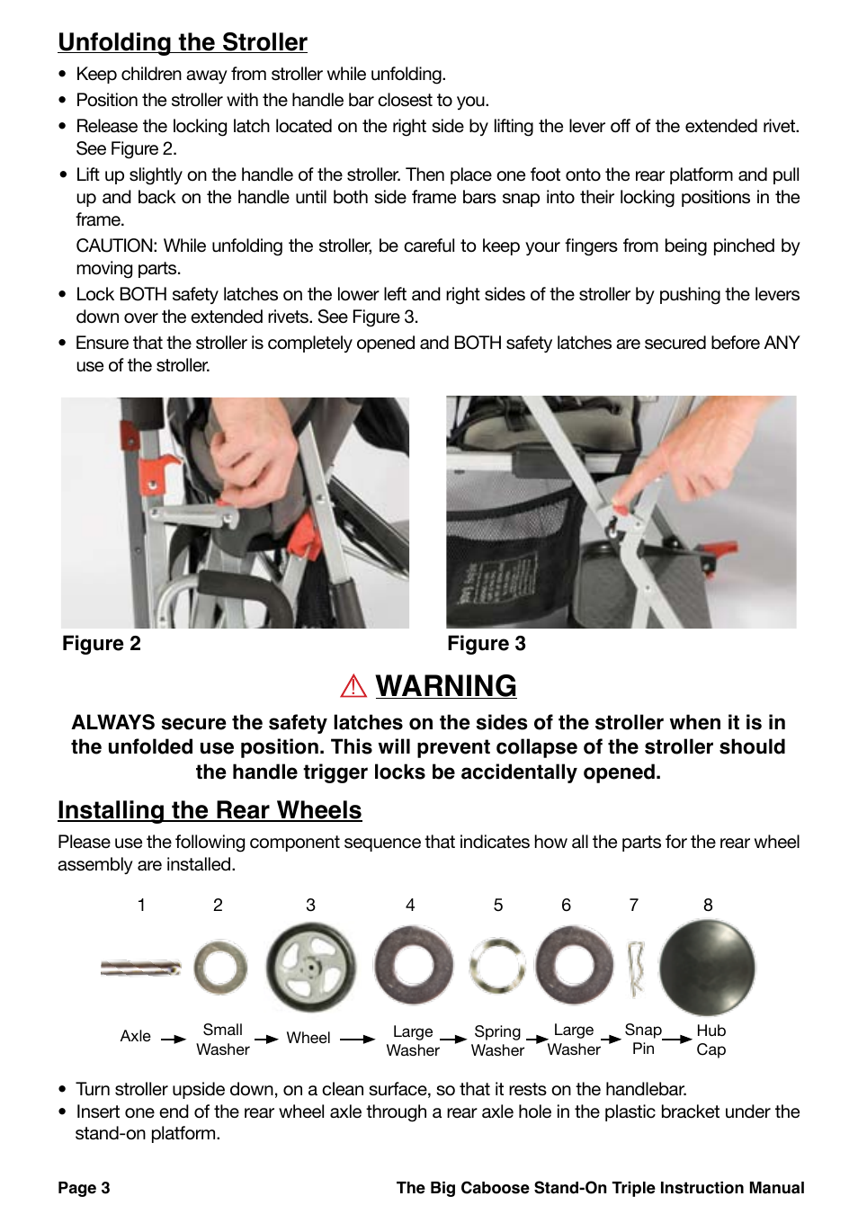 Warning, Unfolding the stroller, Installing the rear wheels | Joovy 43X Series User Manual | Page 4 / 20