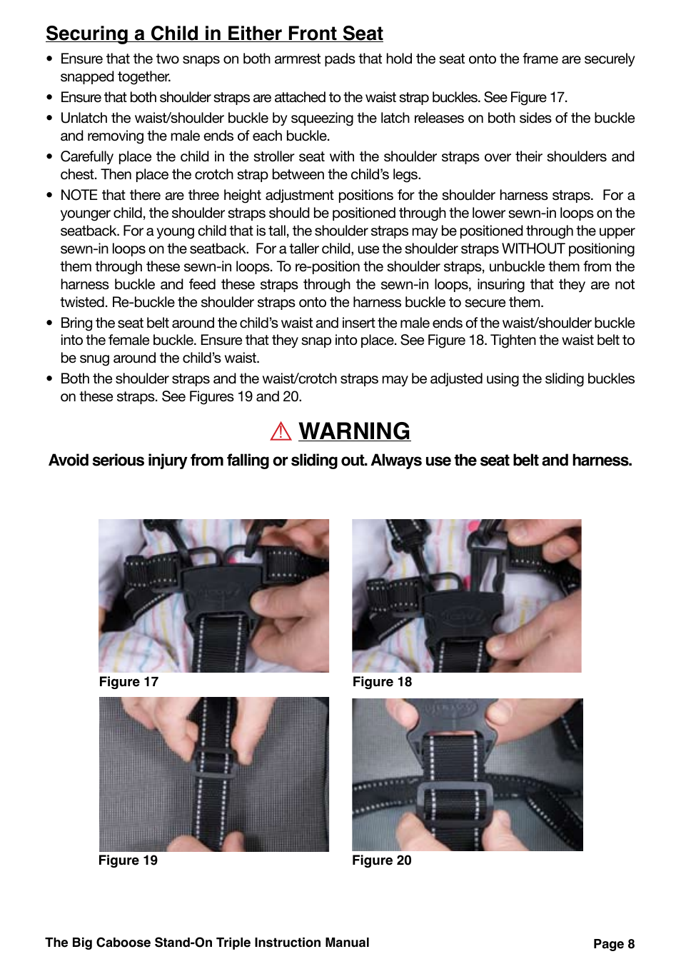 Warning, Securing a child in either front seat | Joovy 43X Series User Manual | Page 9 / 20