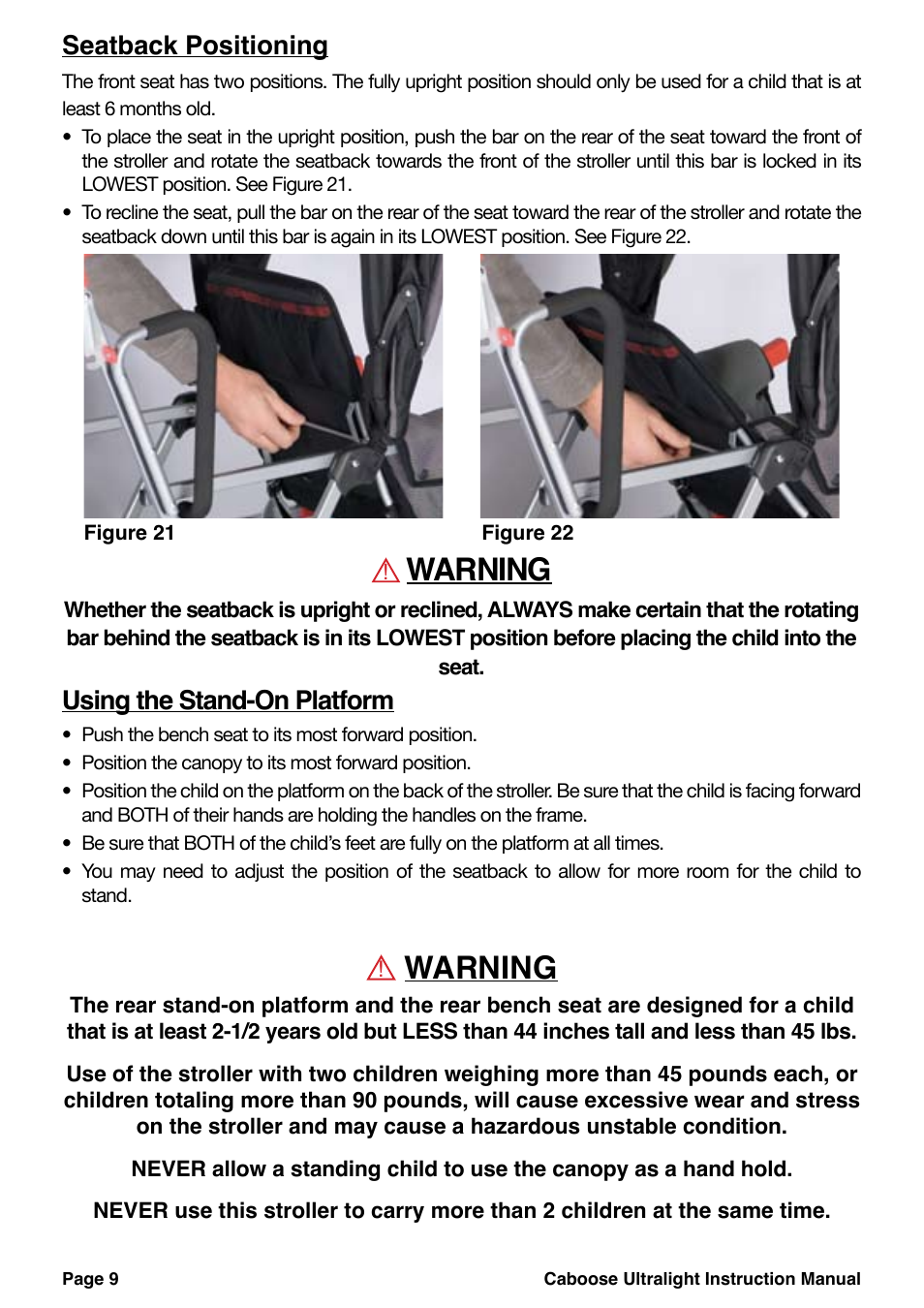 Warning, Seatback positioning, Using the stand-on platform | Joovy Caboose Ultralight 45X Series User Manual | Page 10 / 20