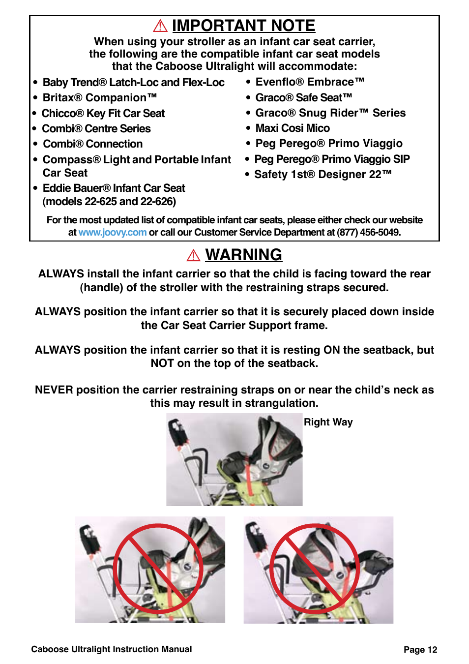 Warning | Joovy Caboose Ultralight 45X Series User Manual | Page 13 / 20