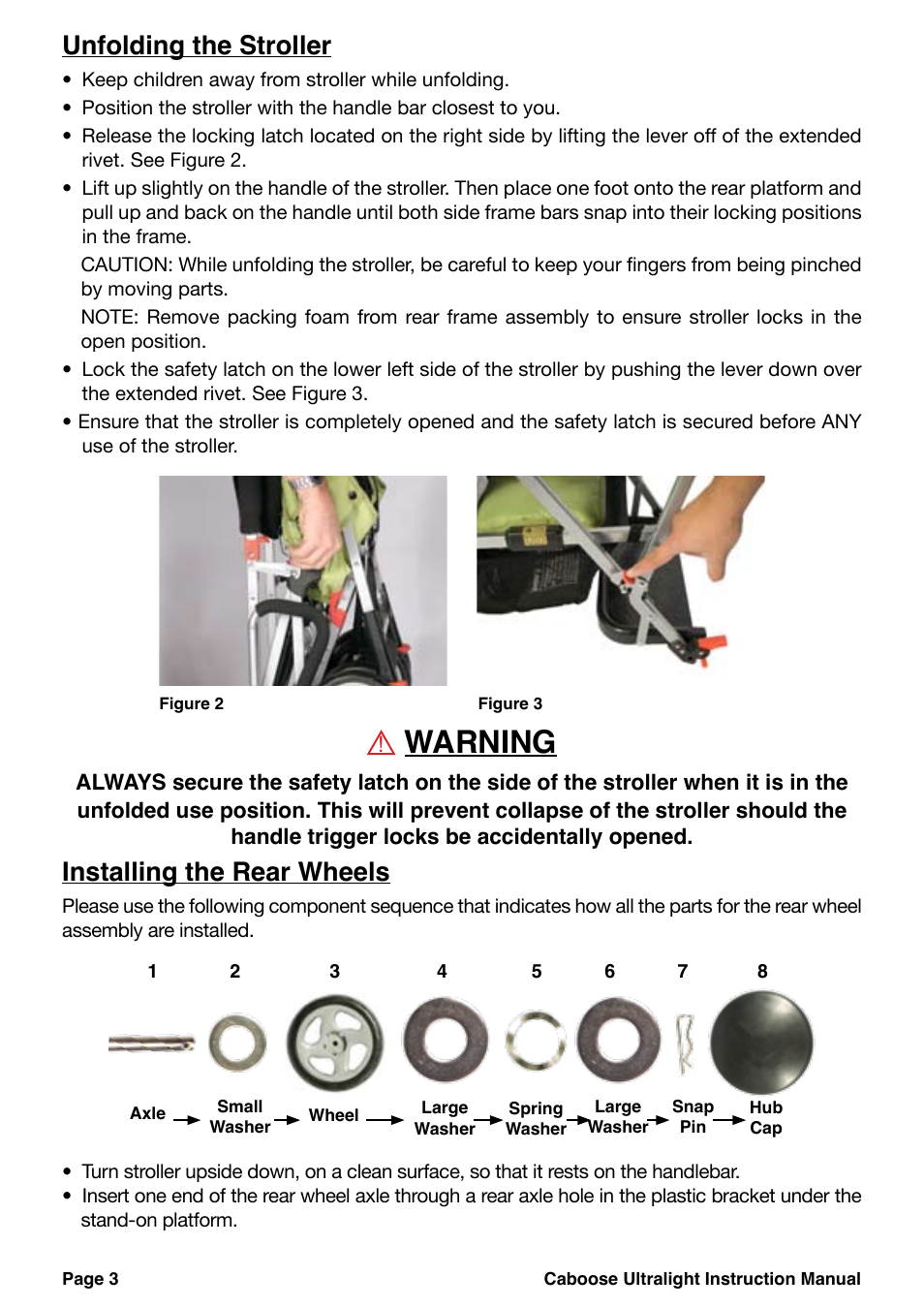 Warning, Unfolding the stroller, Installing the rear wheels | Joovy Caboose Ultralight 45X Series User Manual | Page 4 / 20