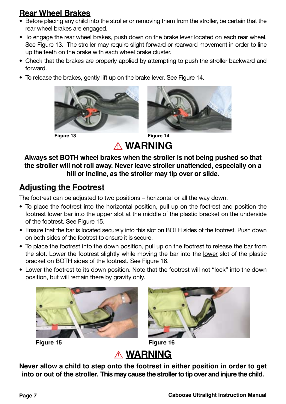 Warning, Adjusting the footrest, Rear wheel brakes | Joovy Caboose Ultralight 45X Series User Manual | Page 8 / 20