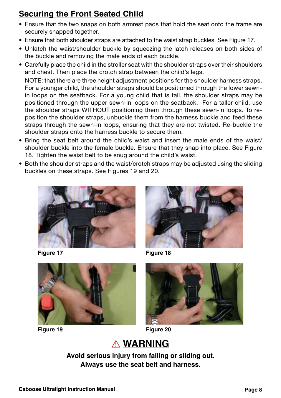 Warning, Securing the front seated child | Joovy Caboose Ultralight 45X Series User Manual | Page 9 / 20