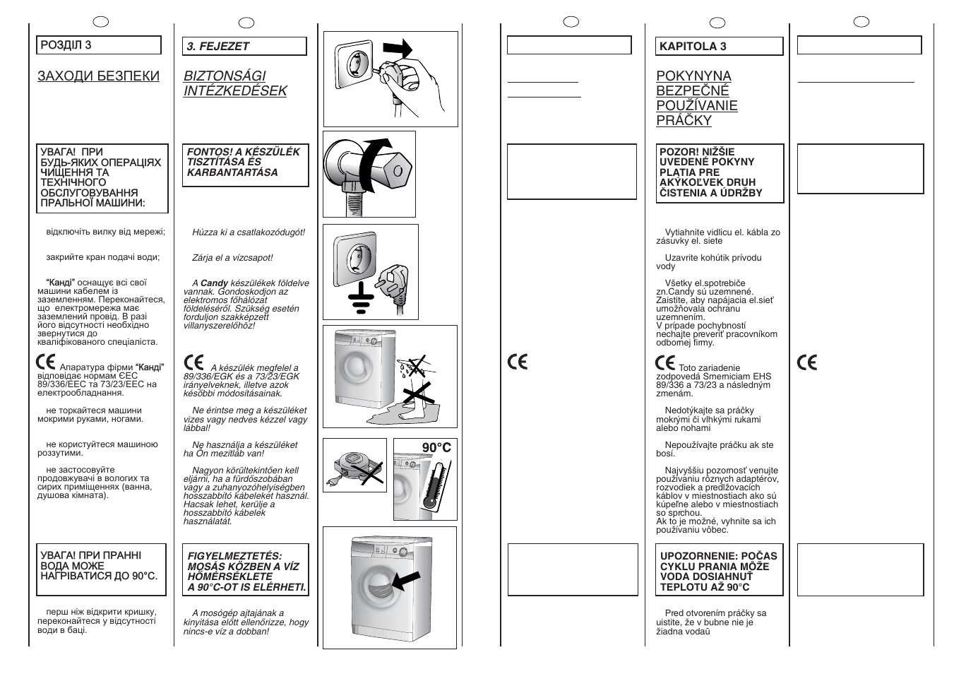 Biztonsági intézkedések, Masuri de securitate, Safety measures | Pokynyna bezpeâné pouîívanie práâky, Заходи безпеки | Candy CNL 105 User Manual | Page 6 / 37