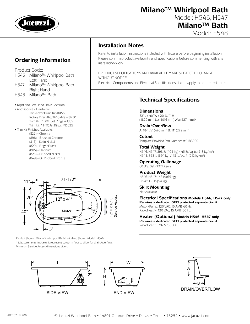 Milano™ whirlpool bath, Milano™ bath, Model: h548 | Ordering information, Technical specifications | Jacuzzi Milano H547 User Manual | Page 2 / 2