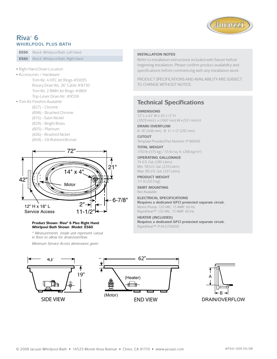 Riva, Technical specifications, Riva® 5 plus, right hand | End view side view 2" (51 mm) | Jacuzzi ES50 User Manual | Page 2 / 2