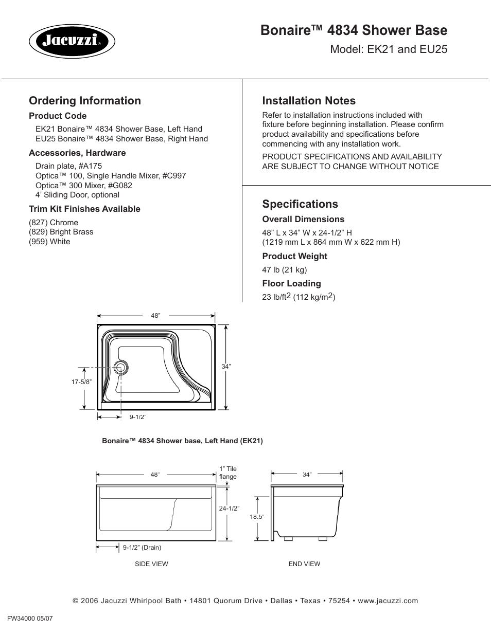 Bonaire™ 4834 shower base, Specifications, Ordering information | Model: ek21 and eu25 | Jacuzzi Bonaire 4834 Shower Base EK21 (LH) User Manual | Page 2 / 2