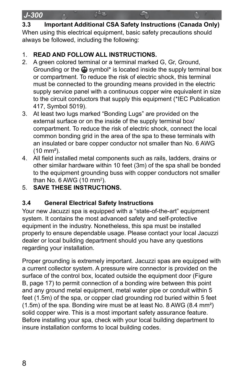 4 general electrical safety instructions, General electrical safety instructions, 8j-300 | Jacuzzi J - 315 User Manual | Page 12 / 64