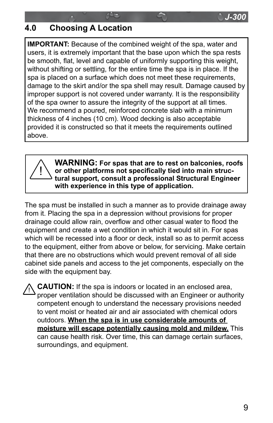 0 choosing a location | Jacuzzi J - 315 User Manual | Page 13 / 64