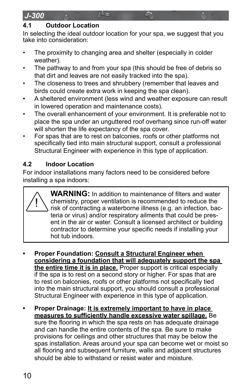 1 outdoor location, 2 indoor location, Outdoor location | Indoor location, Warning | Jacuzzi J - 315 User Manual | Page 14 / 64