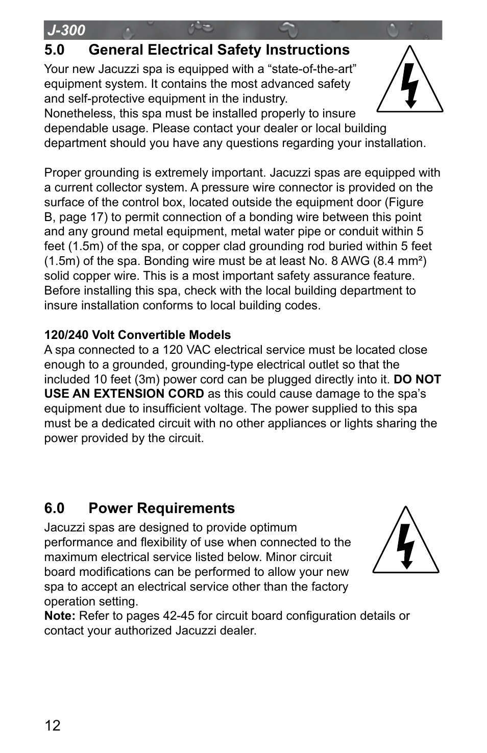 0 general electrical safety instructions, 0 power requirements | Jacuzzi J - 315 User Manual | Page 16 / 64