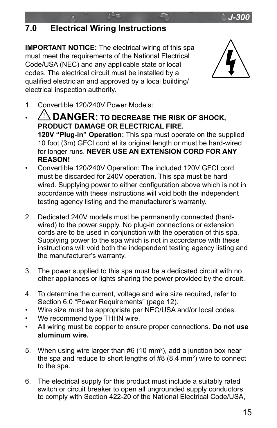 0 electrical wiring instructions, Danger | Jacuzzi J - 315 User Manual | Page 19 / 64