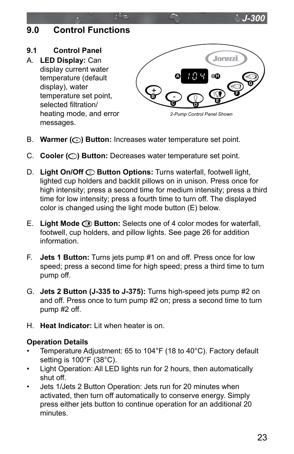 0 control functions, 1 control panel, Control panel | Jacuzzi J - 315 User Manual | Page 27 / 64