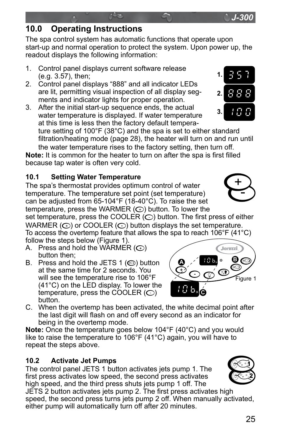 0 operating instructions, 1 setting water temperature, 2 activate jet pumps | Jacuzzi J - 315 User Manual | Page 29 / 64