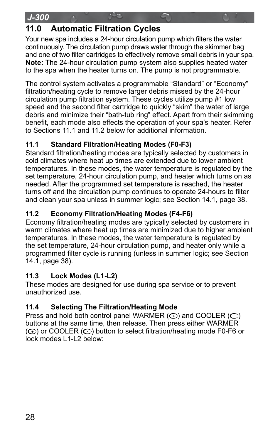 0 automatic filtration cycles, 1 standard filtration/heating modes (f0-f3), 2 economy filtration/heating modes (f4-f6) | 3 lock modes (l1-l2), 4 selecting the filtration/heating mode | Jacuzzi J - 315 User Manual | Page 32 / 64