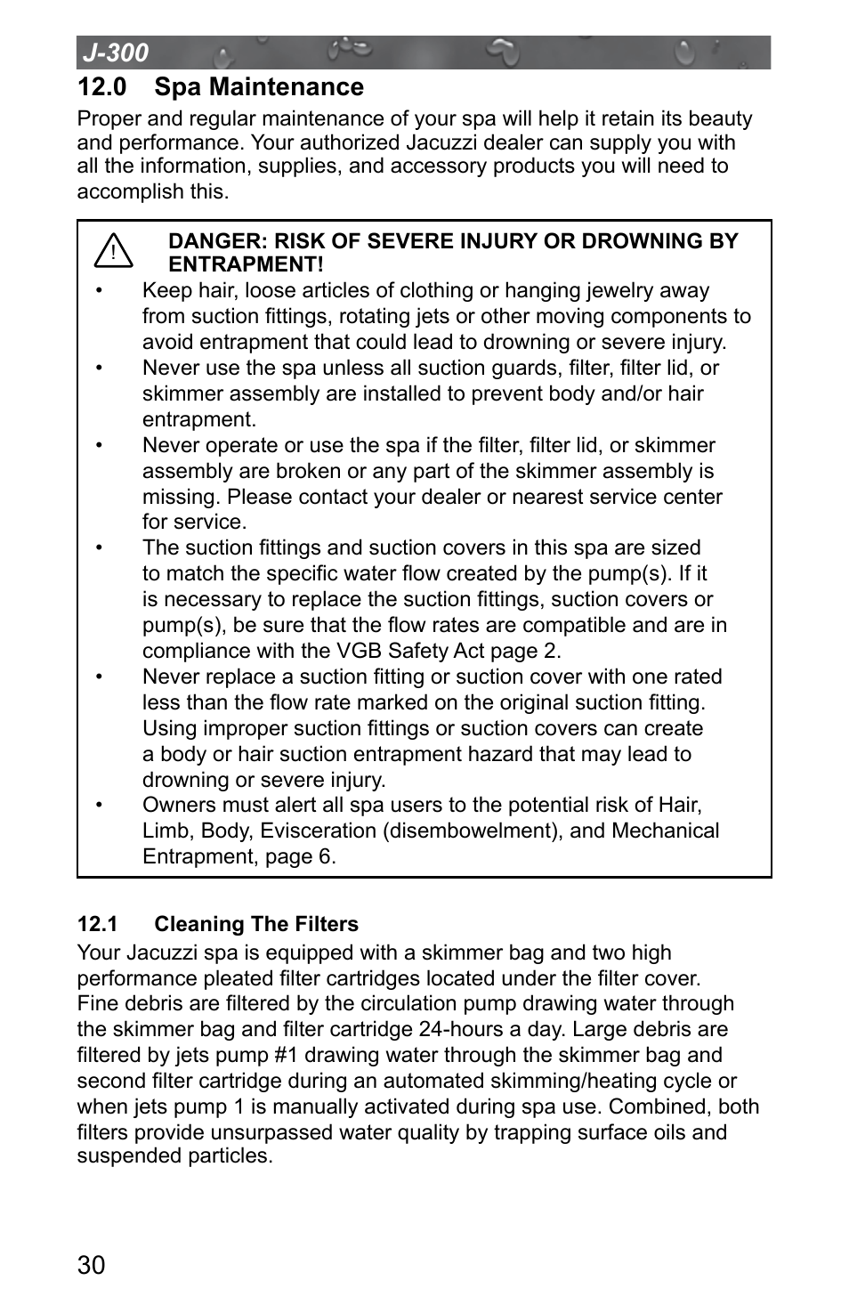 0 spa maintenance, 1 cleaning the filters | Jacuzzi J - 315 User Manual | Page 34 / 64