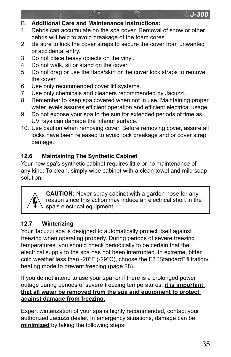 6 maintaining the synthetic cabinet, 7 winterizing | Jacuzzi J - 315 User Manual | Page 39 / 64