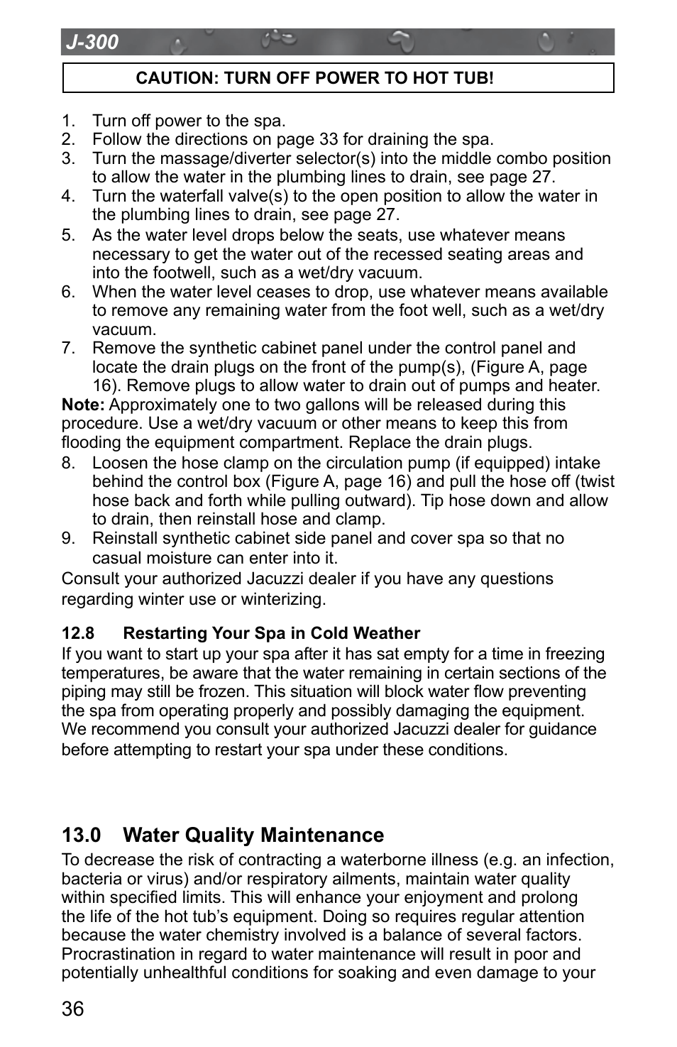 8 restarting your spa in cold weather, 0 water quality maintenance | Jacuzzi J - 315 User Manual | Page 40 / 64