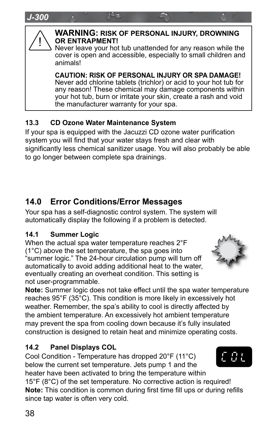 3 cd ozone water maintenance system, 0 error conditions/error messages, 1 summer logic | 2 panel displays col | Jacuzzi J - 315 User Manual | Page 42 / 64