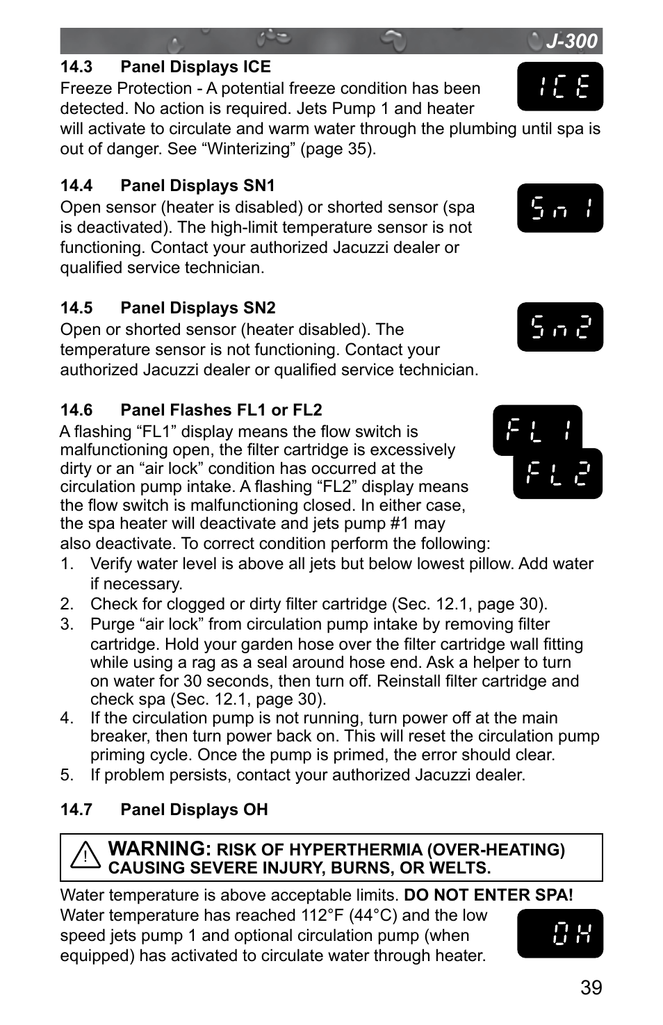 3 panel displays ice, 4 panel displays sn1, 5 panel displays sn2 | 6 panel flashes fl1 or fl2, 7 panel displays oh, Warning | Jacuzzi J - 315 User Manual | Page 43 / 64