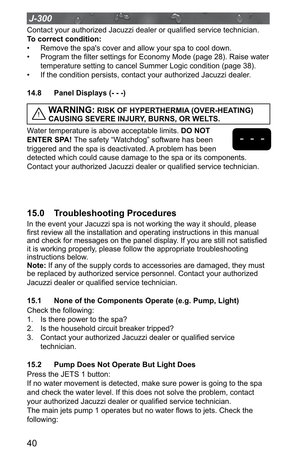 8 panel displays (- - -), 0 troubleshooting procedures, 2 pump does not operate but light does | Warning | Jacuzzi J - 315 User Manual | Page 44 / 64