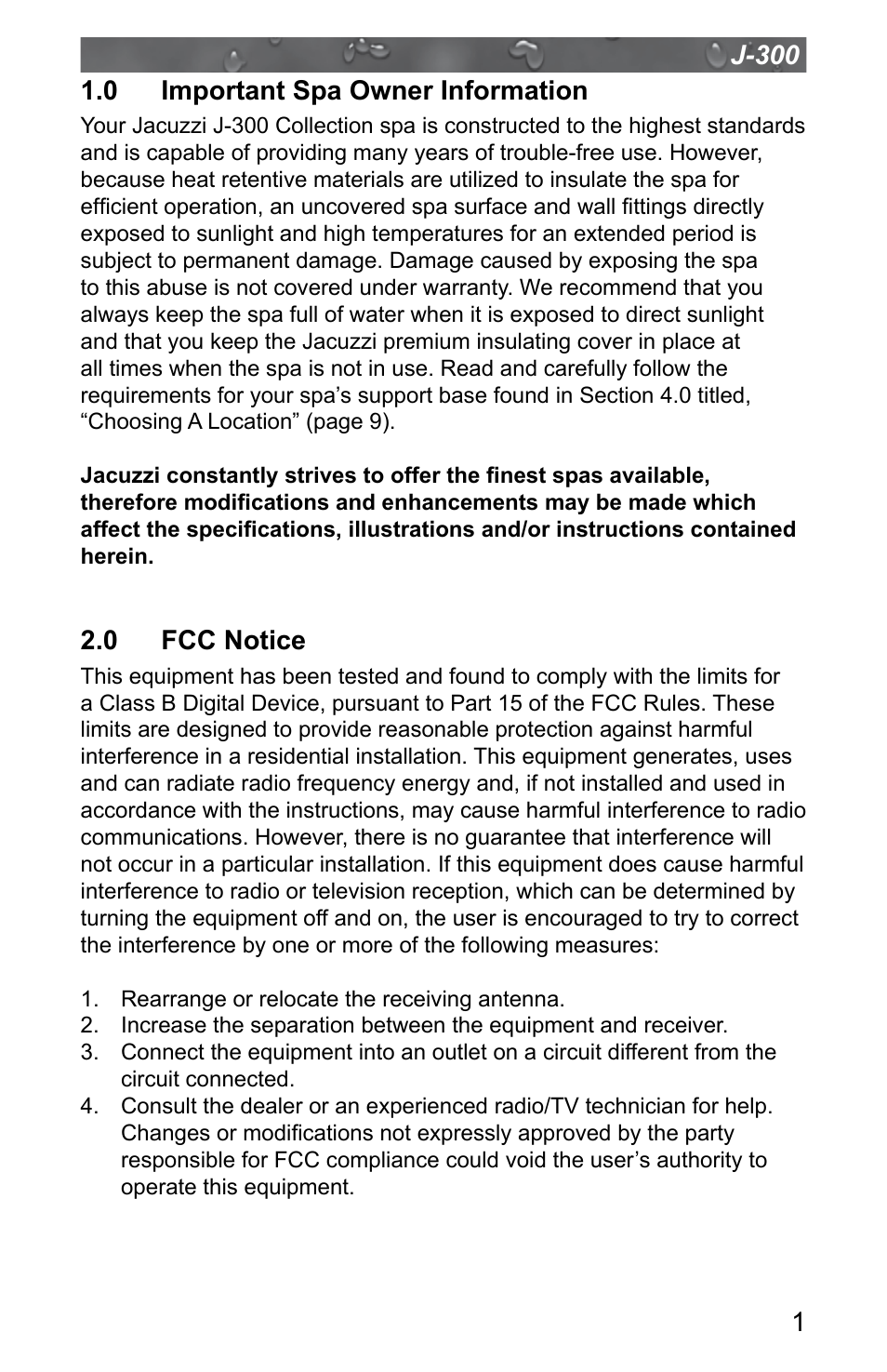 0 important spa owner information, 0 fcc notice | Jacuzzi J - 315 User Manual | Page 5 / 64