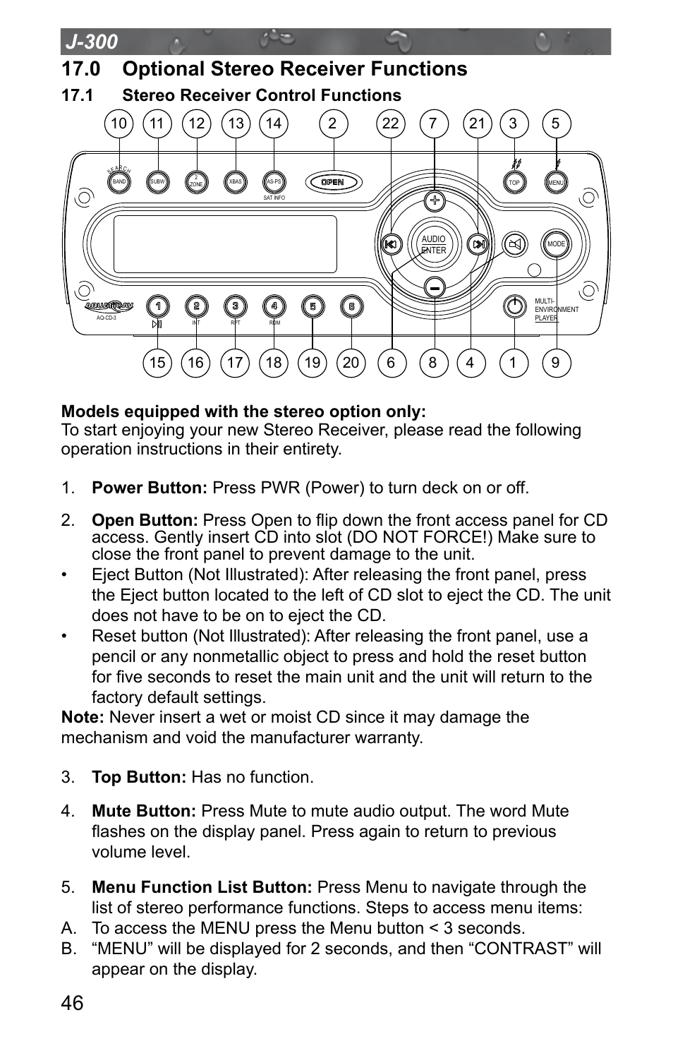 0 optional stereo receiver functions, 1 stereo receiver control functions | Jacuzzi J - 315 User Manual | Page 50 / 64