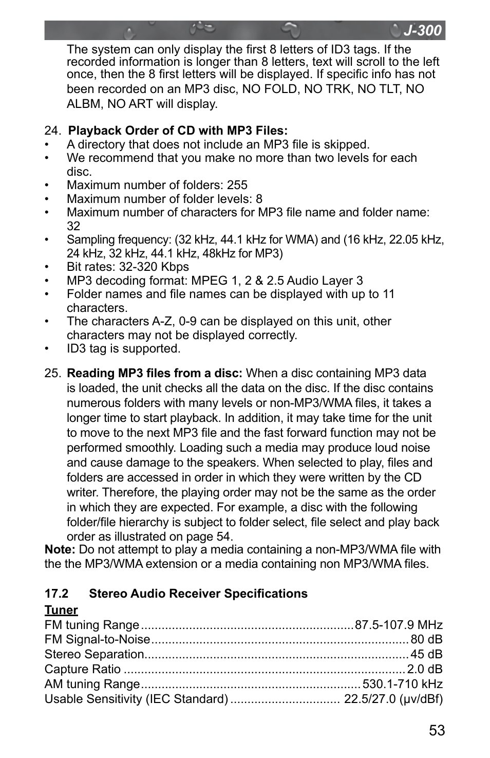 2 stereo audio receiver specifications | Jacuzzi J - 315 User Manual | Page 57 / 64