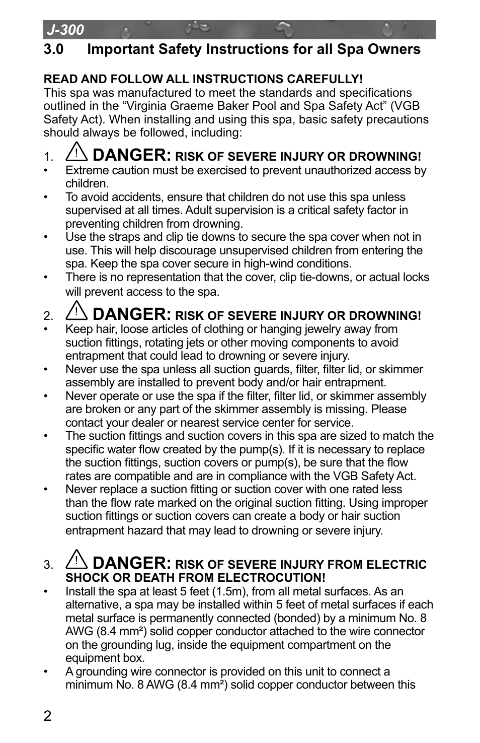 0 important safety instructions for all spa owners, Danger | Jacuzzi J - 315 User Manual | Page 6 / 64