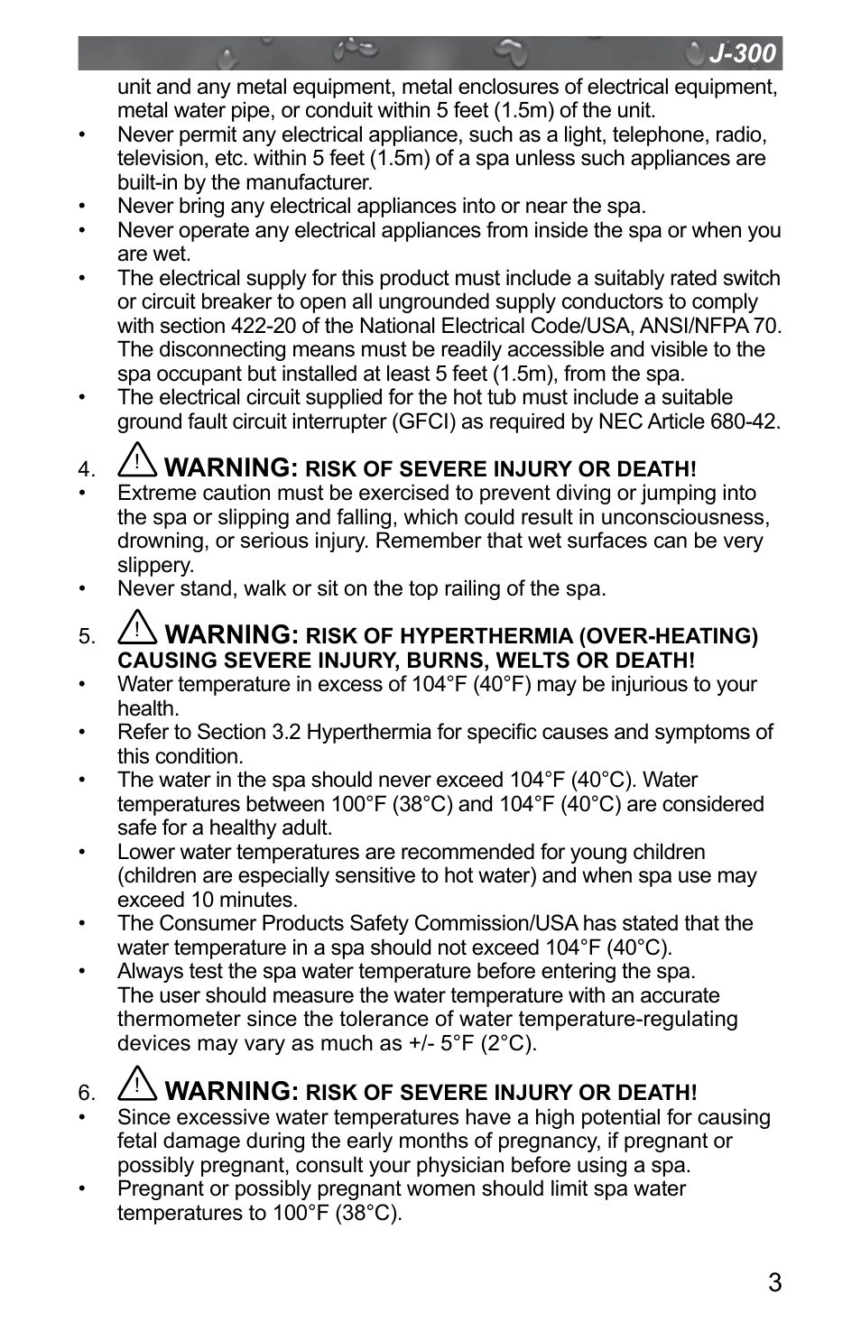 3j-300, Warning | Jacuzzi J - 315 User Manual | Page 7 / 64