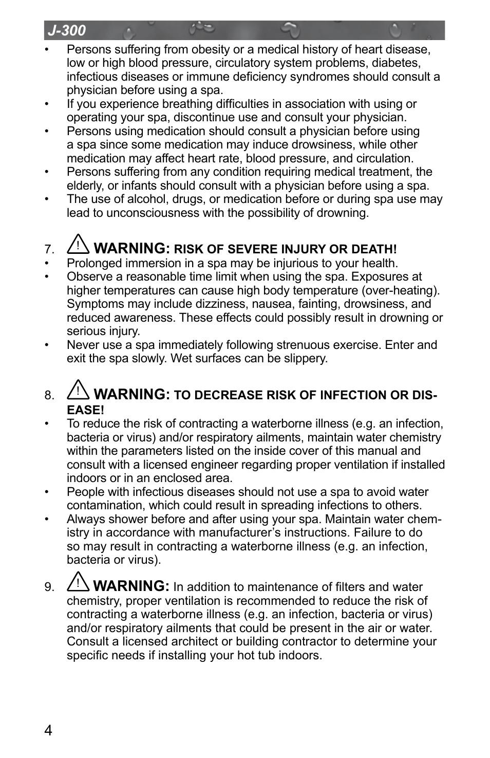 4j-300, Warning | Jacuzzi J - 315 User Manual | Page 8 / 64