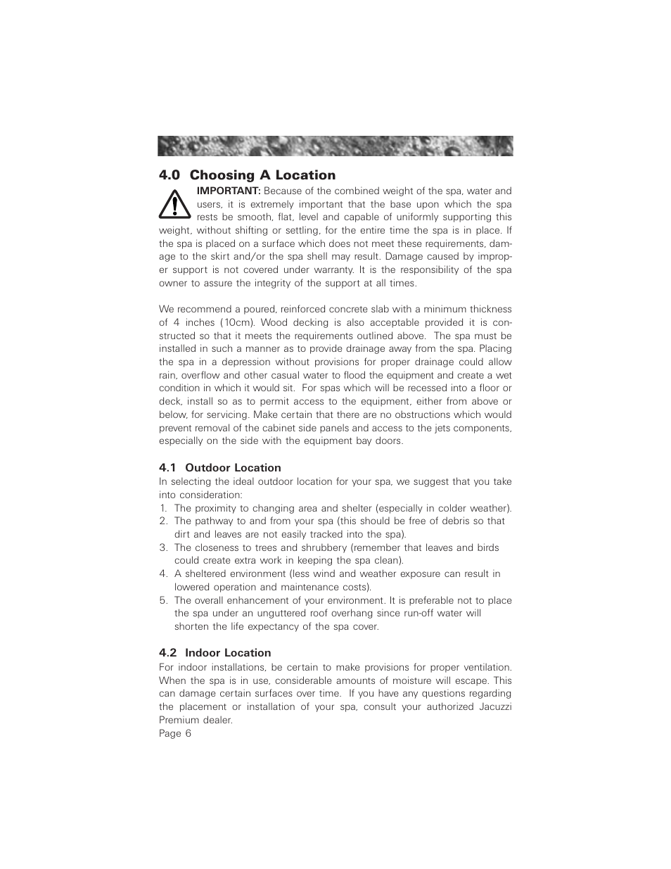 0 choosing a location, 1 outdoor location, 2 indoor location | Jacuzzi ProTech LCD User Manual | Page 10 / 56