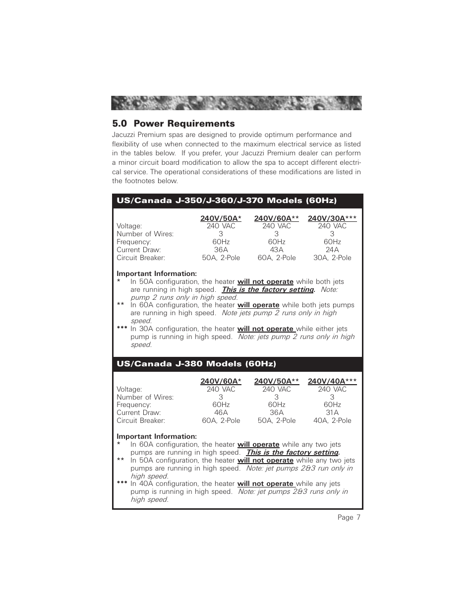 0 power requirements, Us/canada j-350/j-360/j-370 models (60hz), Us/canada j-380 models (60hz) | Jacuzzi ProTech LCD User Manual | Page 11 / 56