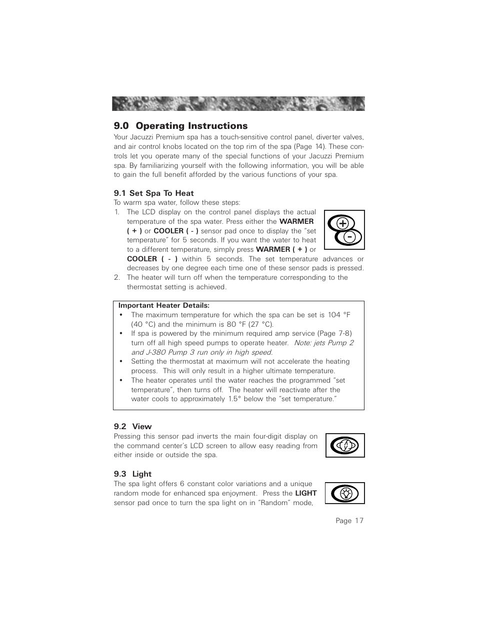 0 operating instructions, 1 set spa to heat, 2 view | 3 light | Jacuzzi ProTech LCD User Manual | Page 21 / 56