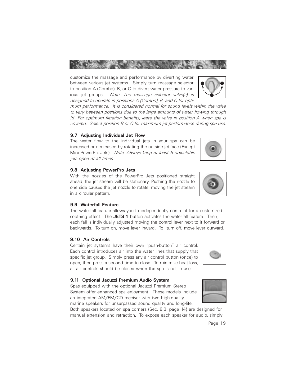 7 adjusting individual jet flow, 8 adjusting powerpro jets, 9 waterfall feature | 10 air controls, 11 optional jacuzzi premium audio system | Jacuzzi ProTech LCD User Manual | Page 23 / 56