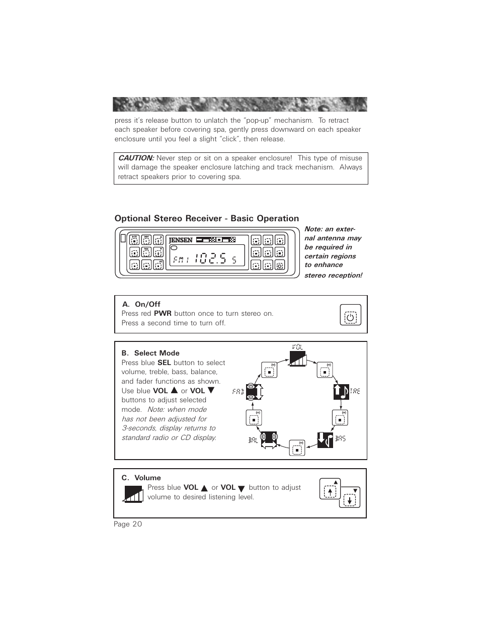 Optional stereo receiver - basic operation, Jensen | Jacuzzi ProTech LCD User Manual | Page 24 / 56
