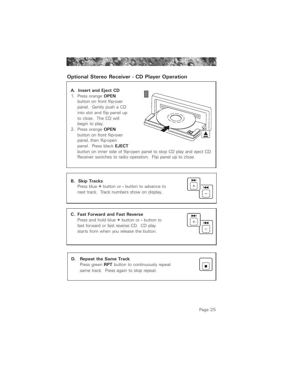 Optional stereo receiver - cd player operation, Insert cd label side up, Page 25 | Jacuzzi ProTech LCD User Manual | Page 29 / 56